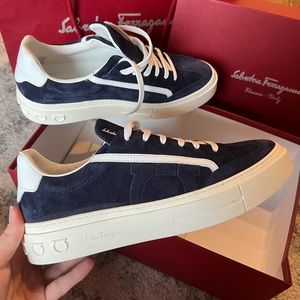 Salvatore Ferragamo Gancini Borg Blue Suede Sneakers, Size 8.5 W / 6.5 M